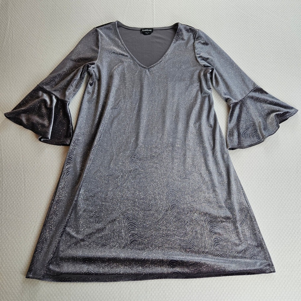 Bebe Silver Metallic Glitter Bell Sleeve V-Neck Shift Dress S Made in USA Party